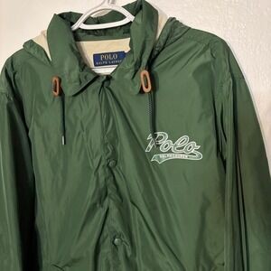 Polo Ralph Lauren Mens Green Hooded Coaches Jacket Script Logo Windbreaker LG